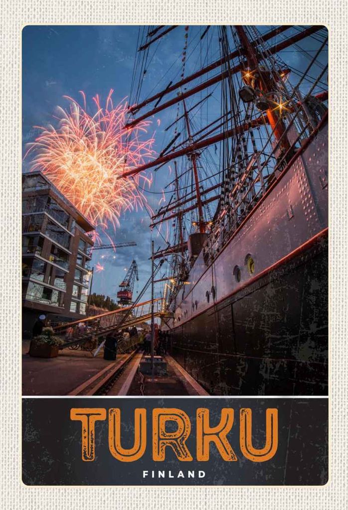 vianmo Holzschild 30x20 cm Turku Finnland Schiff Feuerwerk Bildmotiv Reisemotiv Abenteuer Reisen