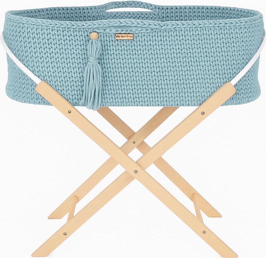Handgefertigtes BOHO Babybett mit Ständer misty blue und antibakterischer Matratze Silver