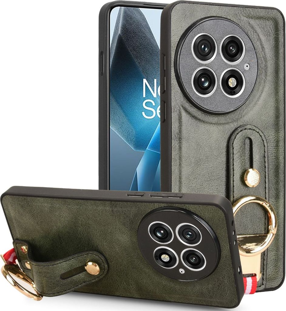 Für OnePlus 13 Design Kunstleder TPU Schutz Hülle mit Armband Ringhalter Grün