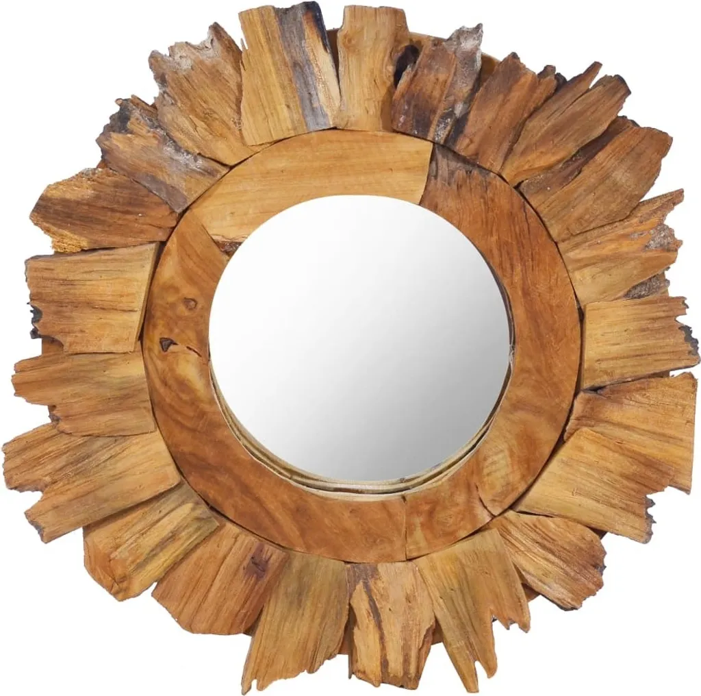 Miroir mural rond en bois de teck véritable 40 cm pour salon et entrée