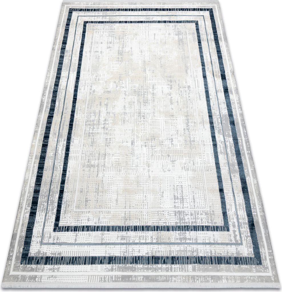Moderner Teppich DUKE 51523 creme / blau - Rahmen, strukturiert, sehr weich, Fransen Blau 240x330 cm