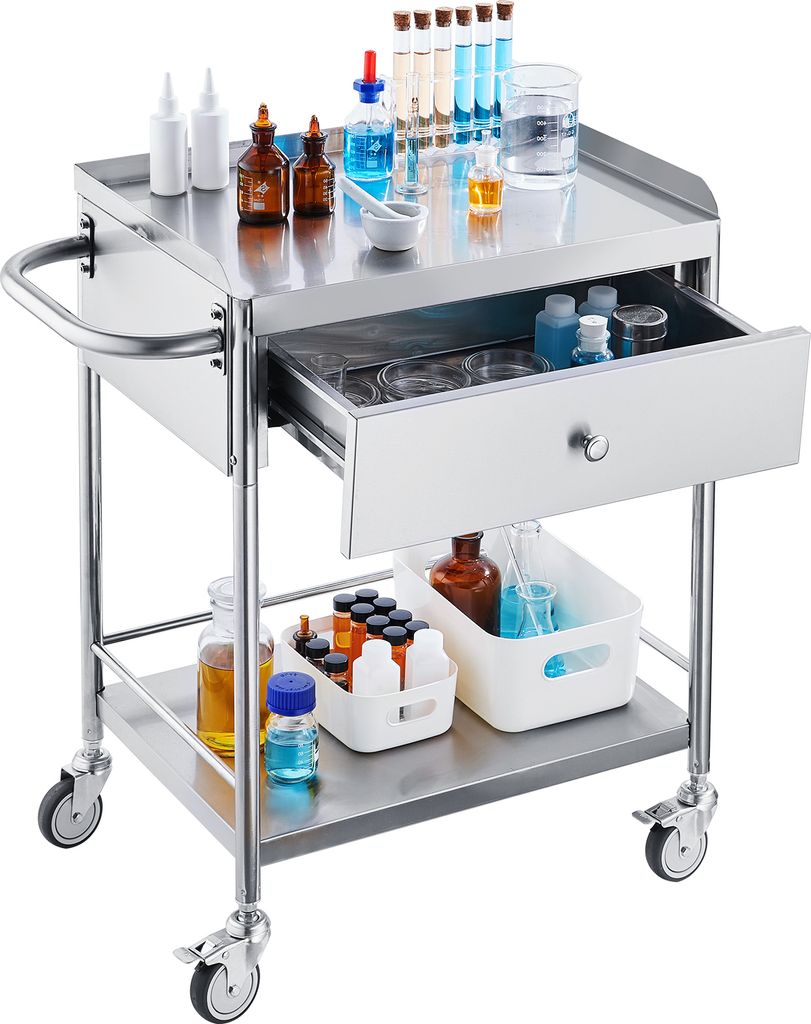 A stainless steel medical cart with multiple shelves and a drawer, filled with various laboratory supplies.