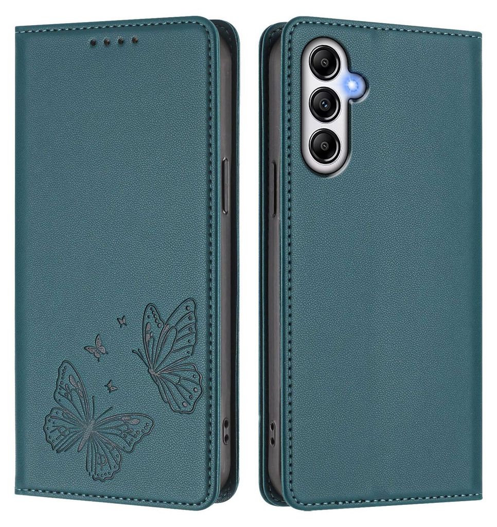 Lederhülle für Samsung Galaxy A54 5G, Schmetterling Prägung Leder Brieftasche Schutzhülle mit Ständer Grün