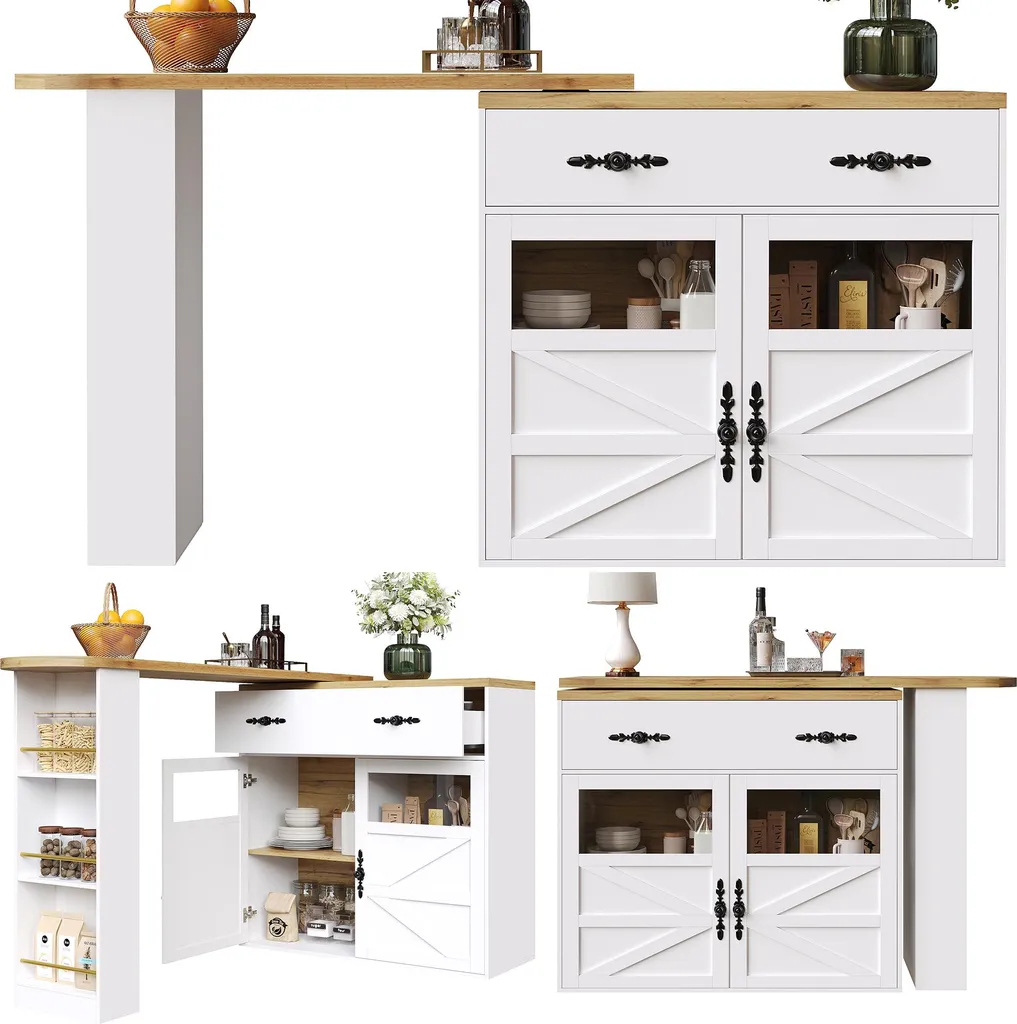 Table de Bar Pivotante 360° Extensible en MDF Blanc avec Rangement - 9
