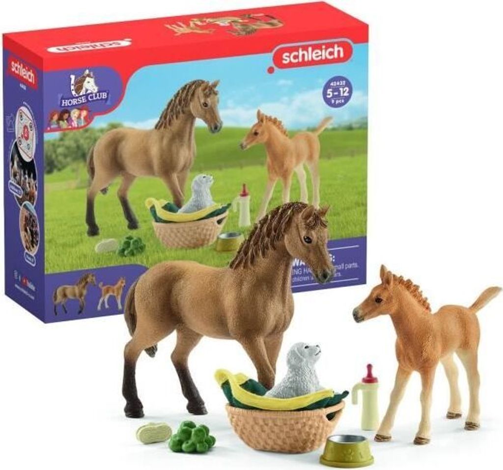 Schleich Horse Club Spielfiguren Set, Pferd mit Fohlen und Welpe, Bauernhoftiere und Zubehör, Geschenkset für Mädchen und Jungen 42432