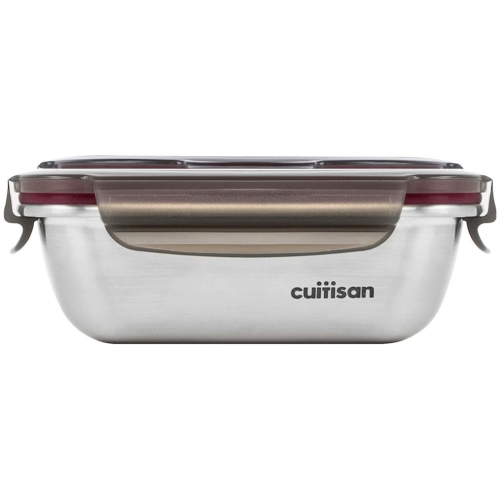 A stainless steel food container with a brown lid and maroon seal.