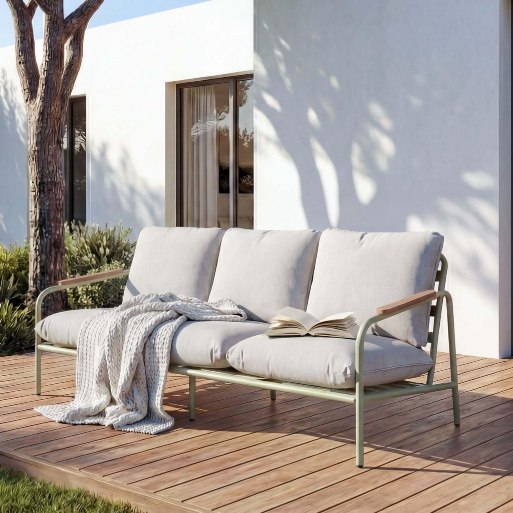 Aluminium-Gartenbank HWC-O11, Outdoor 3-Sitzer Sitzbank Sofa, Olefin Stoff (205 g/m²) 184cm hellgrün Polster beige