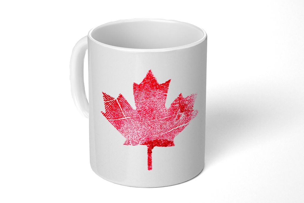 KitchenYeah Tasse Kaffeetasse Kaffeebecher 350 ml Kanadas Nationalflagge aus Daumenabdrücken Teetasse - Fototasse - Becher - Keramikbecher - Tee...