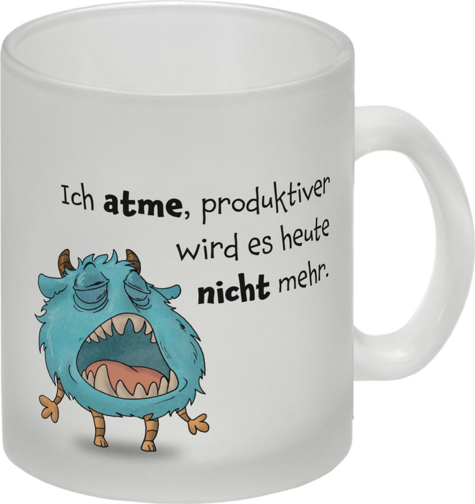 Freches Monster in hellblau Glas Tasse mit lustigem Spruch