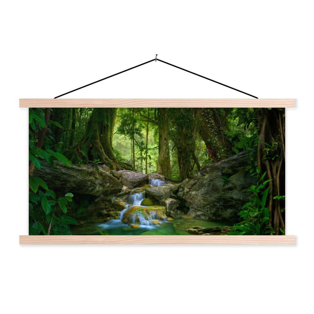 MuchoWow Textilposter Dschungel - Steine - Wasser - Natur - Pflanzen 60x30 cm mit holzfarbenen Rahmen - Dekoration