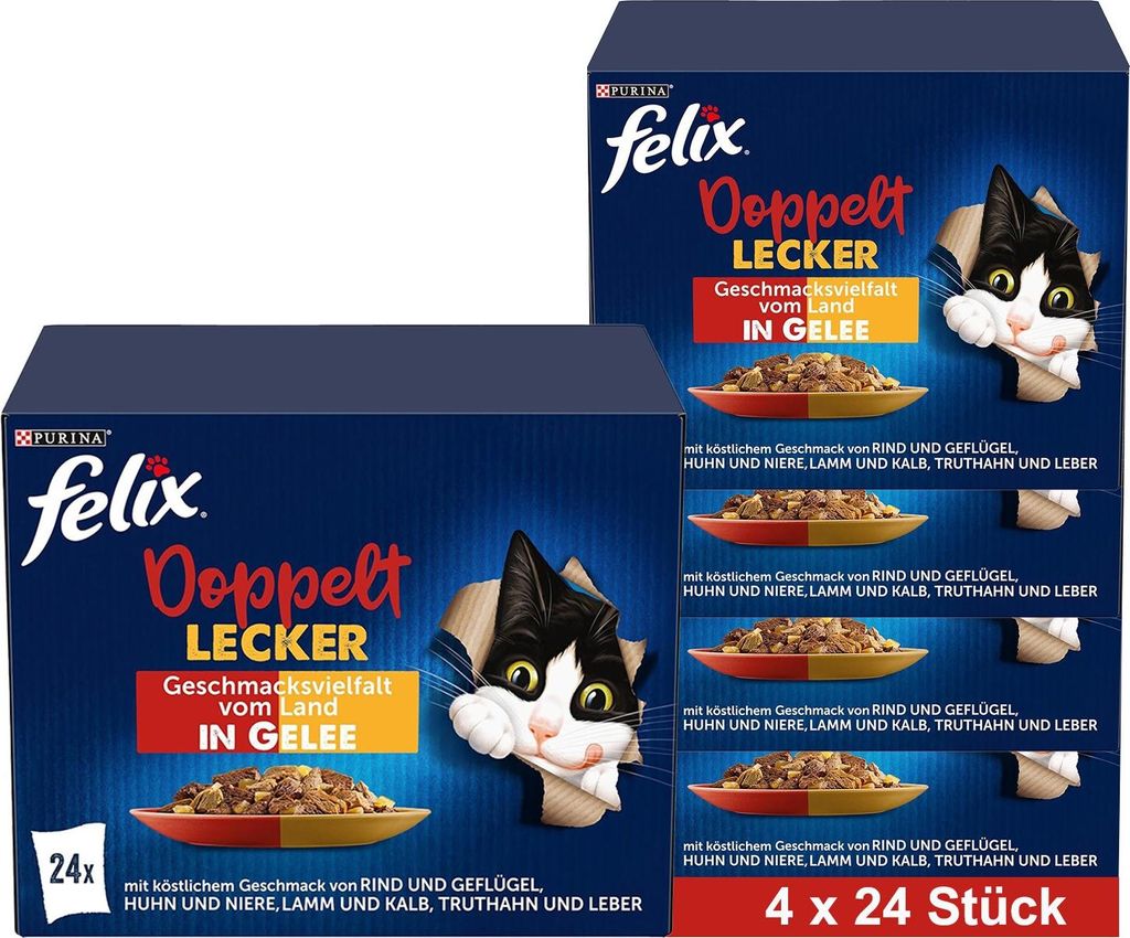 FELIX So gut wie es aussieht Doppelt Lecker Katzenfutter nass in Gelee, Sorten-Mix, 4x24x85g (4x24x85g)