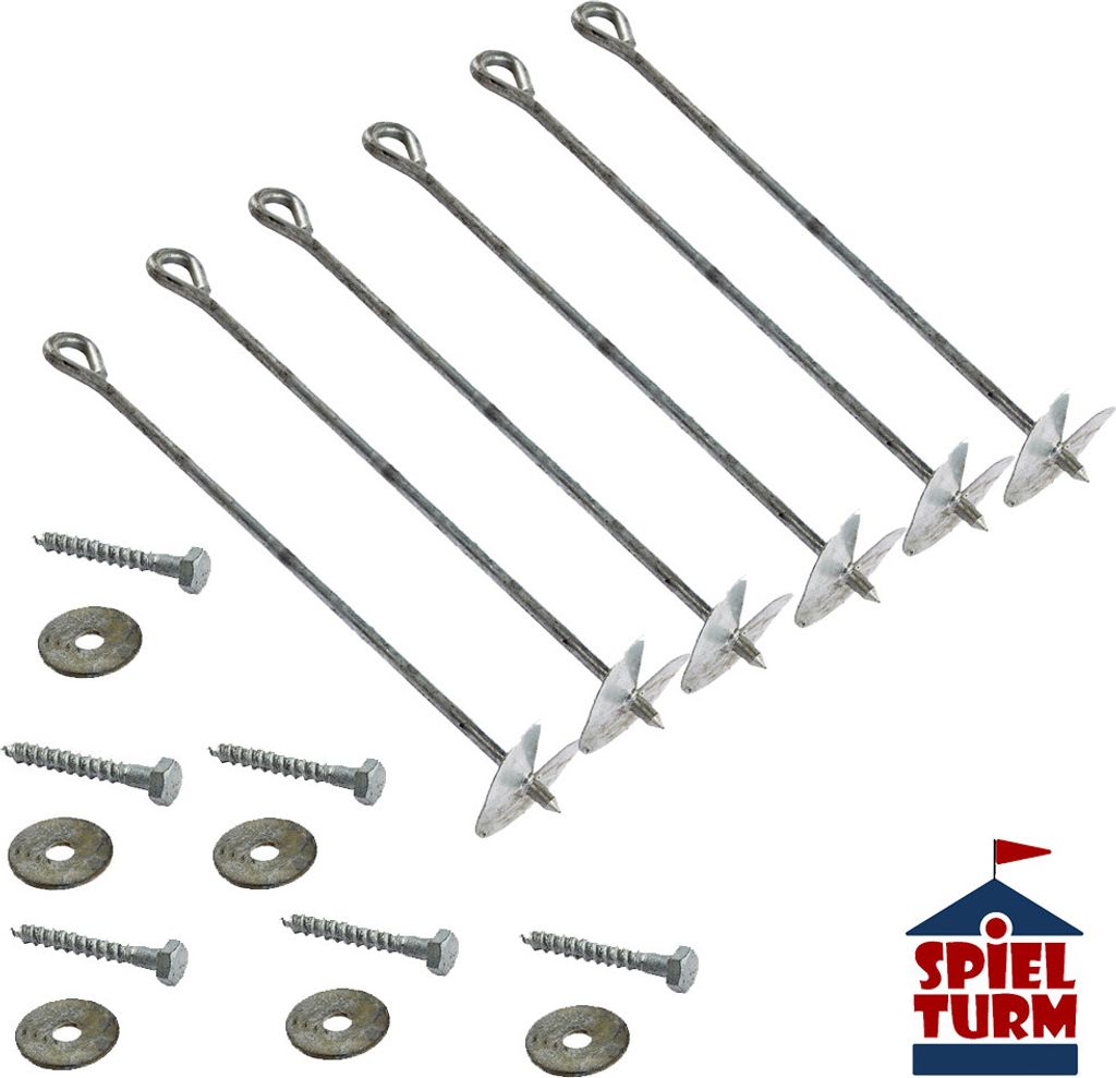 A set of ground anchors and screws on a white background.