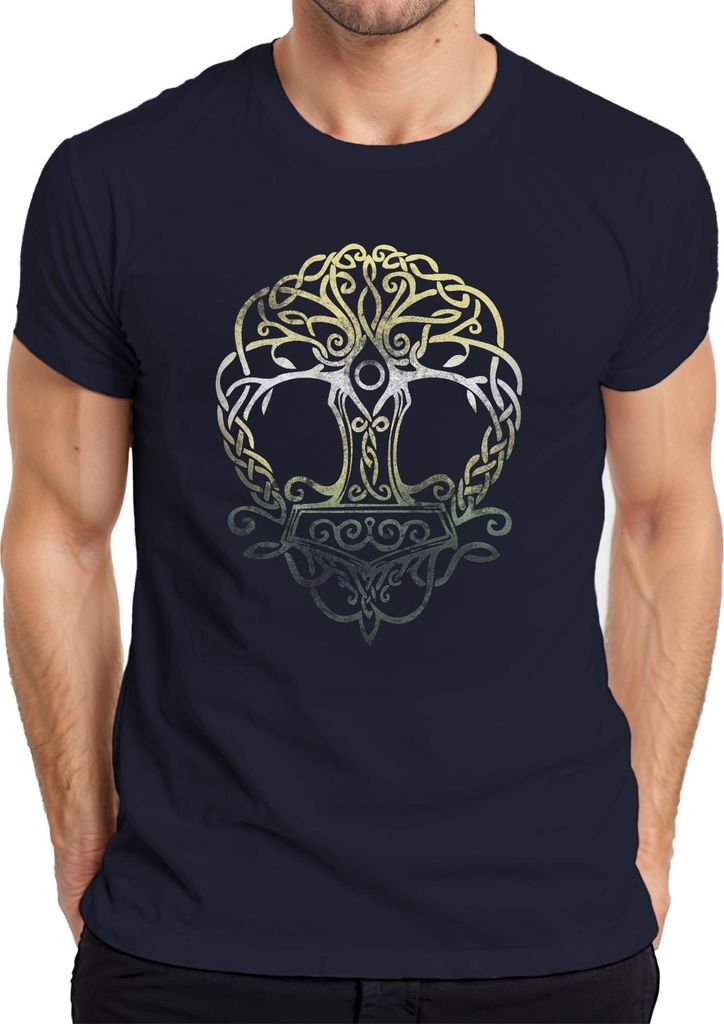 Thorhammer Wikinger Yggdrasil Lebensbaum keltischer Knoten Runen Herren T-Shirt, Navy, XXL