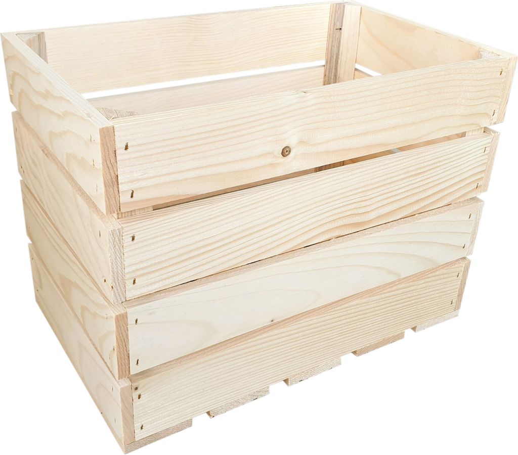 Three wooden crates stacked on a white background.