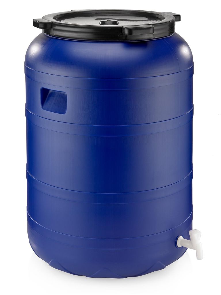 A blue plastic barrel with a black lid and a white spigot, shown against a white background.