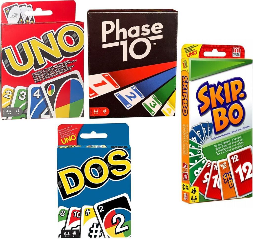 SPAR-SET 169882 - Mattel - 4er Set Kartenspiele: UNO, Skip Bo, Phase 10 und DOS
