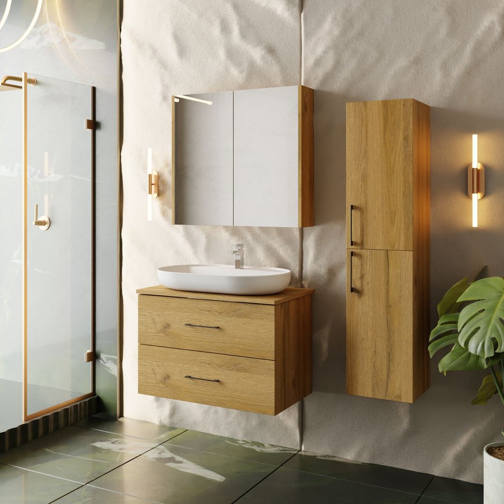 Badmöbel Set Verona Konsole 80 Eiche | Waschbecken | Waschtisch | Spiegelschrank