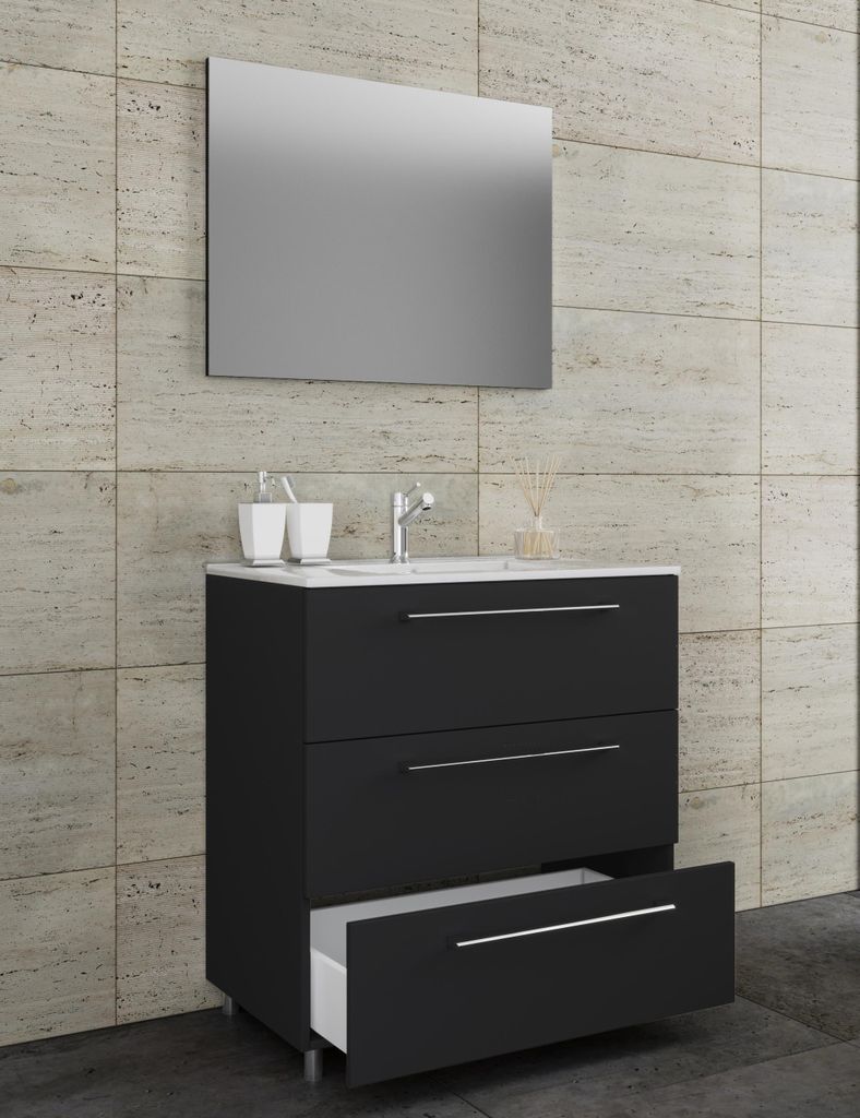 VCM 3-tlg. Waschplatz Waschtisch | Waschbecken Unterschrank Breite 80 cm | Badmöbel Set stehend mit drei Schubladen Spiegel | Badinos