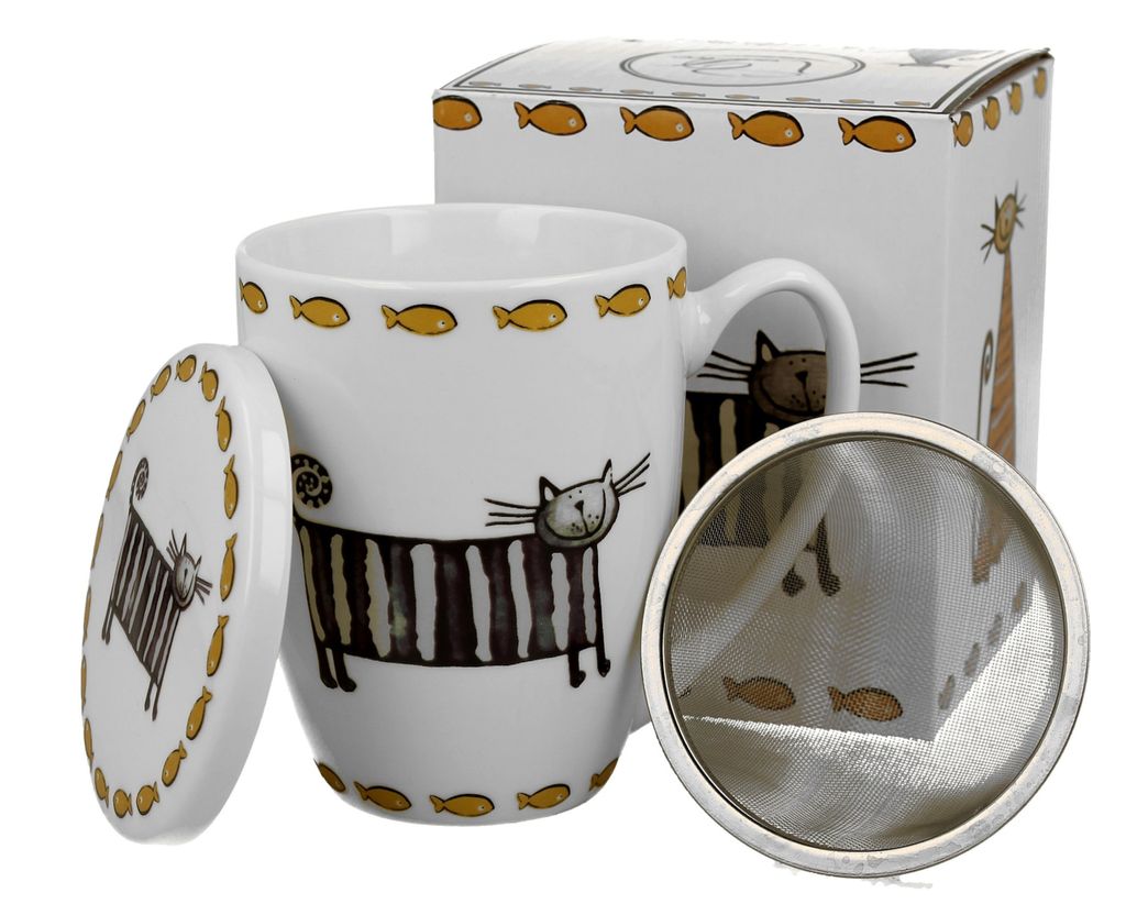 DUO ANIMALS Becher 380 ml CLASSIC CATS mit Teesieb, New Bone China Porzellan