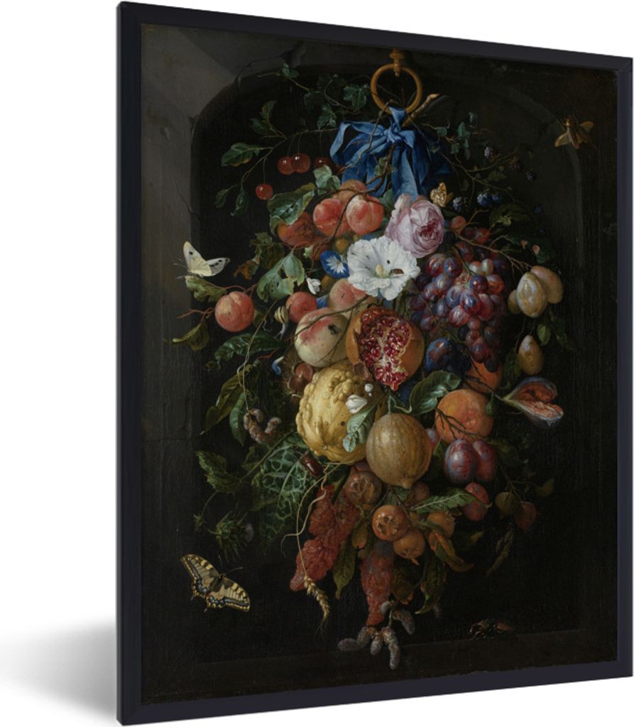 MuchoWow Gerahmtes Poster Früchte und Blumen - Gemälde von Jan Davidsz. de Heem 60x80 cm - Poster mit Schwarzem Bilderrahmen Wandposter Rahmen ...