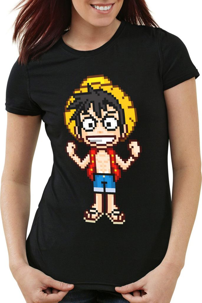 style3 Pixel Luffy Damen T-Shirt piece strohhut pirat one, Farbe:Schwarz, Größe:XS