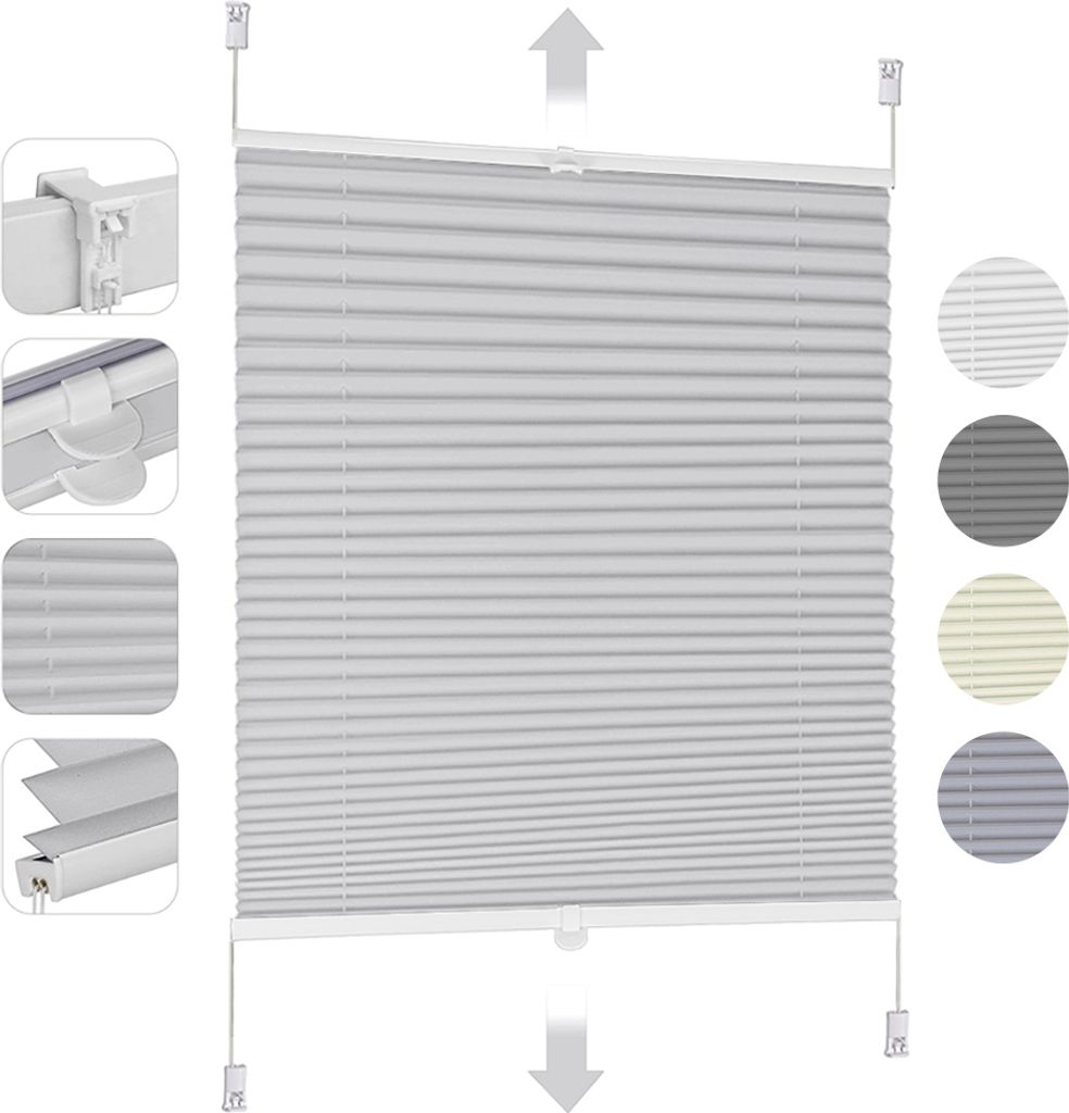 Plissee Klemmfix ohne Bohren 40x130cm Hellgrau Sonnenschutzrollo Verspannt Blickdicht Lichtschutz Faltrollo Jalousie Rollos für Fenster und Tür