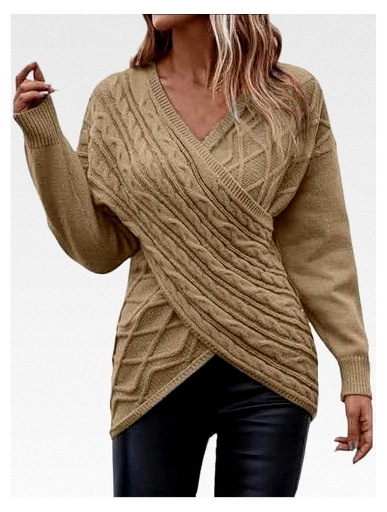 Damenpullover mit V-Ausschnitt und langen Ärmeln, gekreuzter Wickelpullover, Zopfstrick, multifunktionaler Jacquard-Sweater, Poncho, Schal, Cape, ...