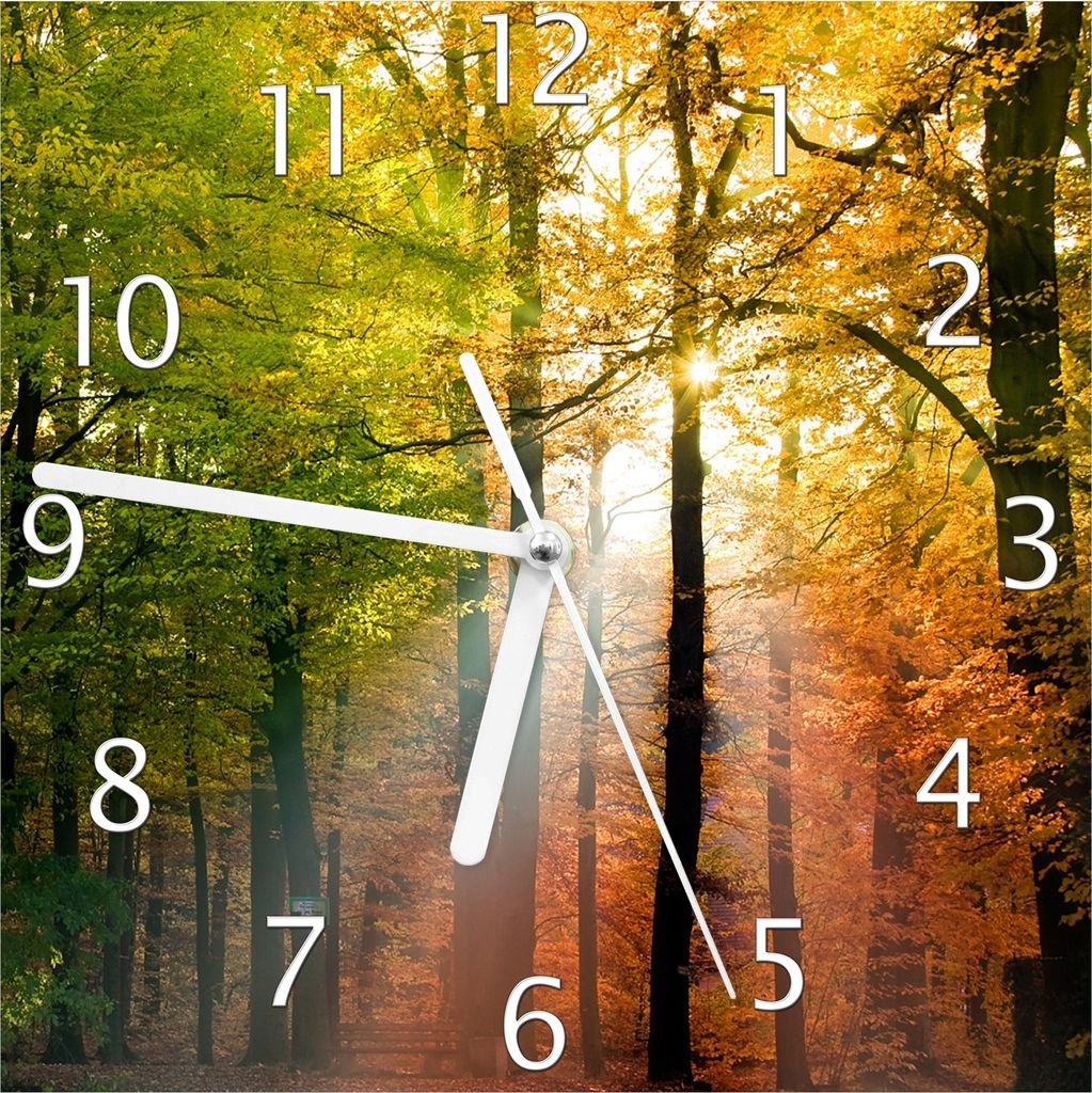 Wallario Design Wanduhr Sonnenuntergang im Herbstwald aus Echtglas, Größe 20 x 20 cm