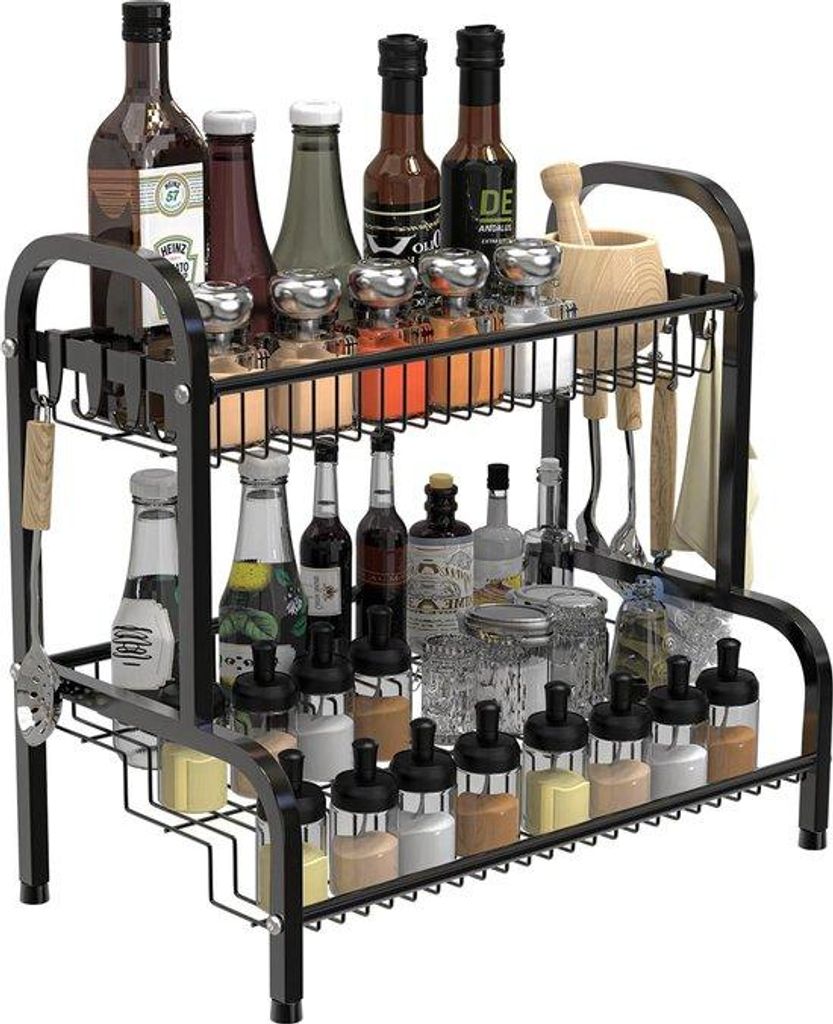 Schwarzes 2-stöckiges Kräuterregal, 42x26x41cm, 8 Haken, Küchenorganizer