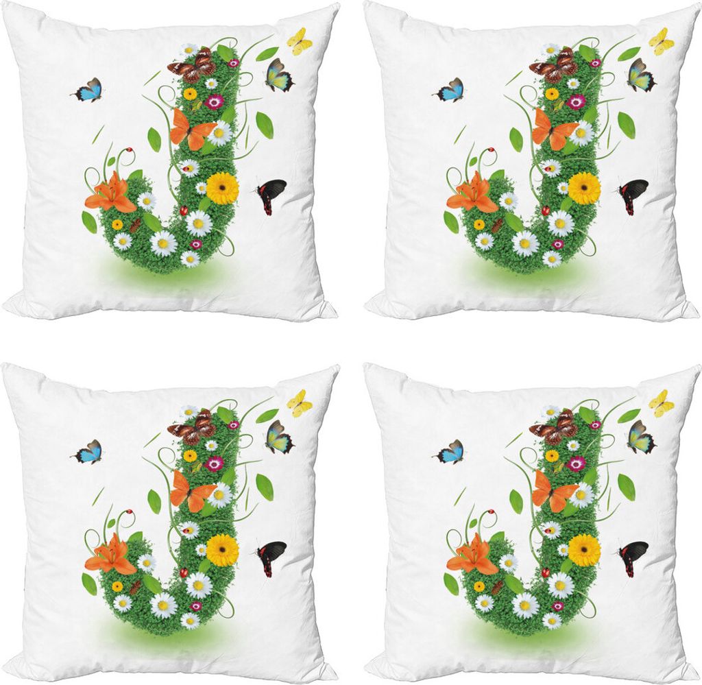ABAKUHAUS Buchstabe J Kissenbezug Set (4 Stück), Schmetterling Flourish, Moderner Doppelseitiger Digitaldruck, 60 cm x 60 cm, Mehrfarbig