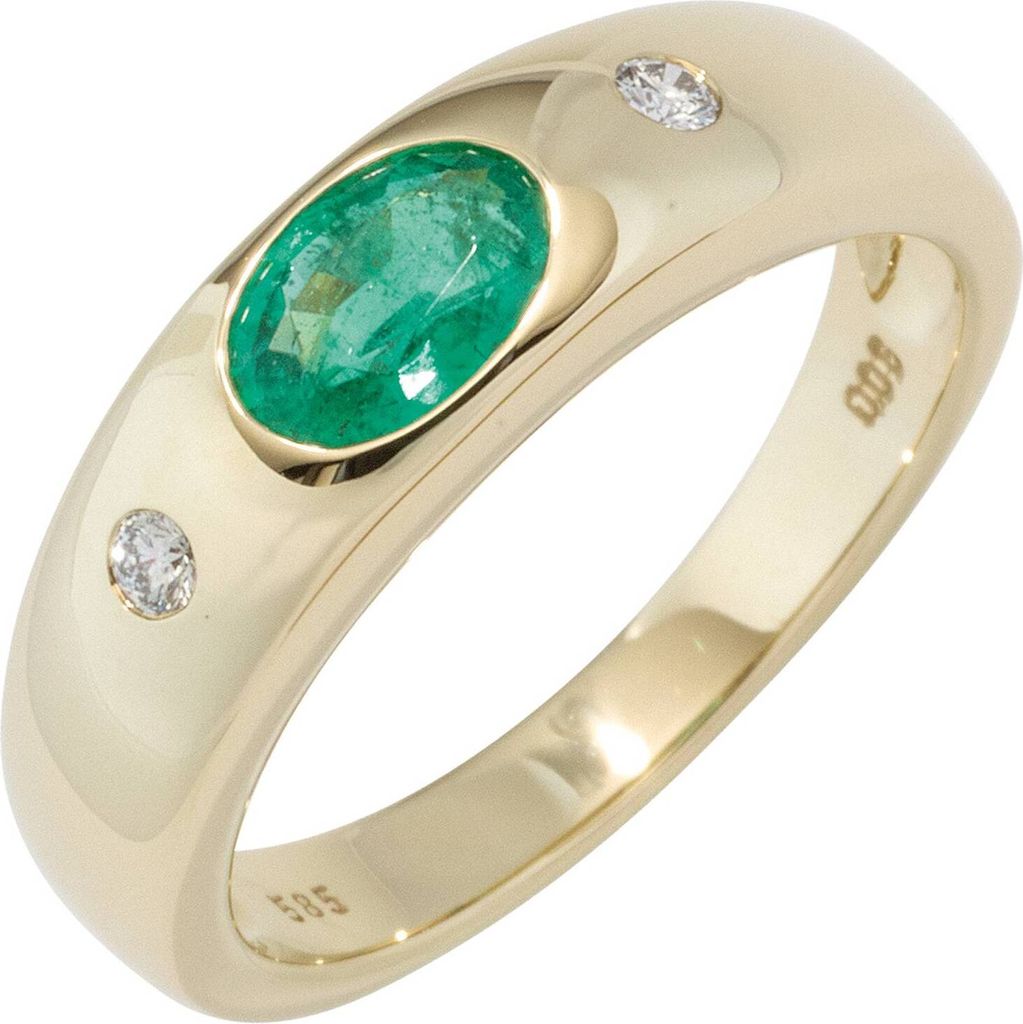 JOBO Damen Ring 585 Gold Gelbgold 1 Smaragd grün 2 Diamanten Brillanten Goldring Größe 56