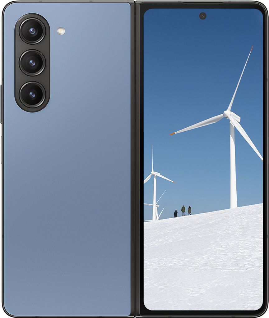 A blue foldable smartphone is shown open, displaying a winter landscape with wind turbines on its screen. The back of the phone, featuring a camera array, is also visible.
