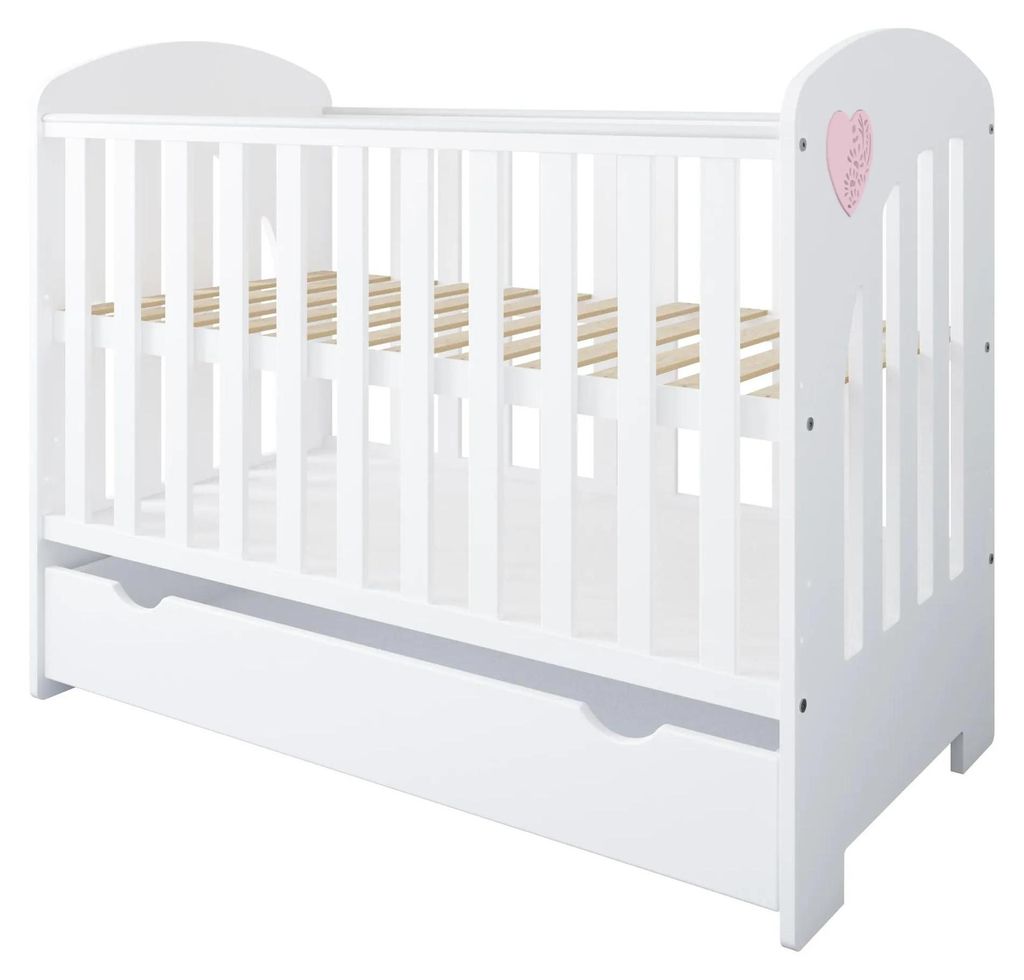 ZEE HEART 2in1 Babybett 120x60 cm Weiß Rosa Herz mit Schublade & Umbauseite Juniorbett Kinderbett Gitterbett