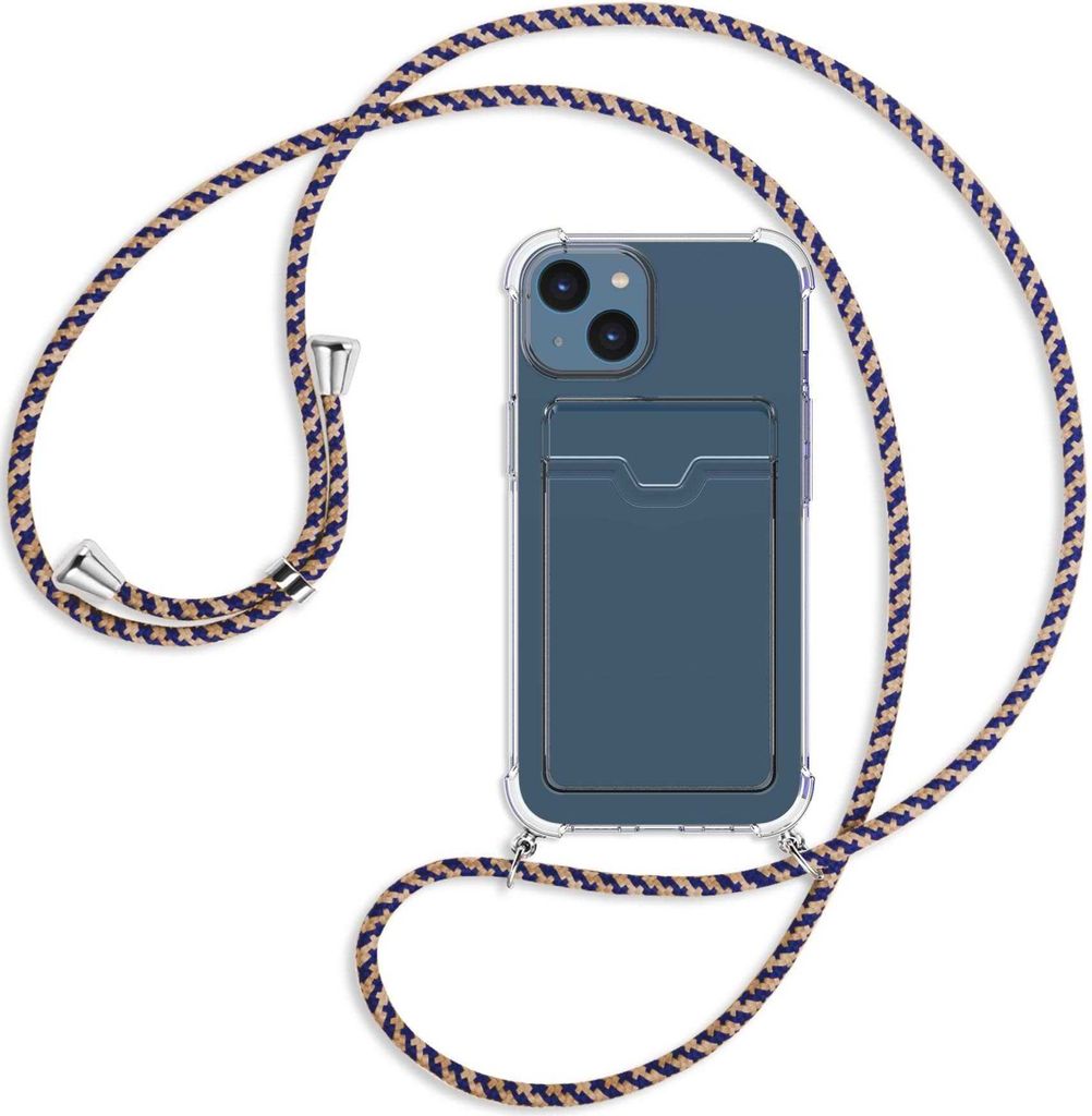 Handykette Backcover-Schutzhülle mit Band (Metall silberfarben) für Apple iPhone 14 (6.1'') - blau+beige