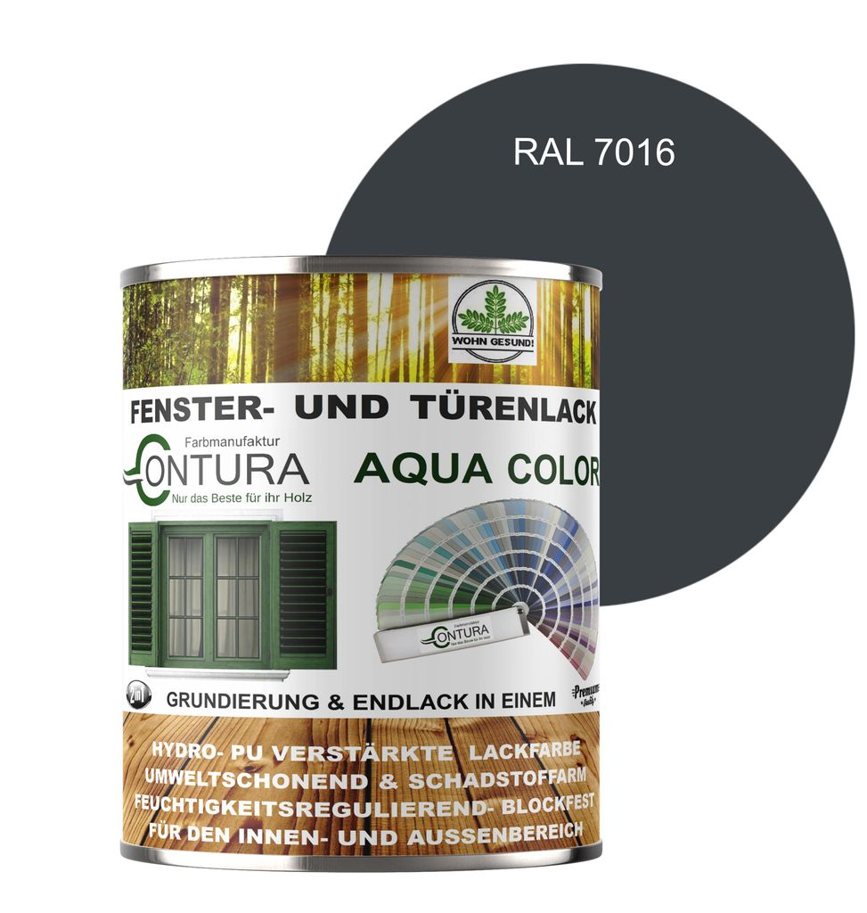 Contura 750ml Fenster und Türenlack Seidenmatt nach RAL 2in1 mit Pinsel Möbellack Innen und Außen Holzlack - RAL 7016 Anthrazitgrau
