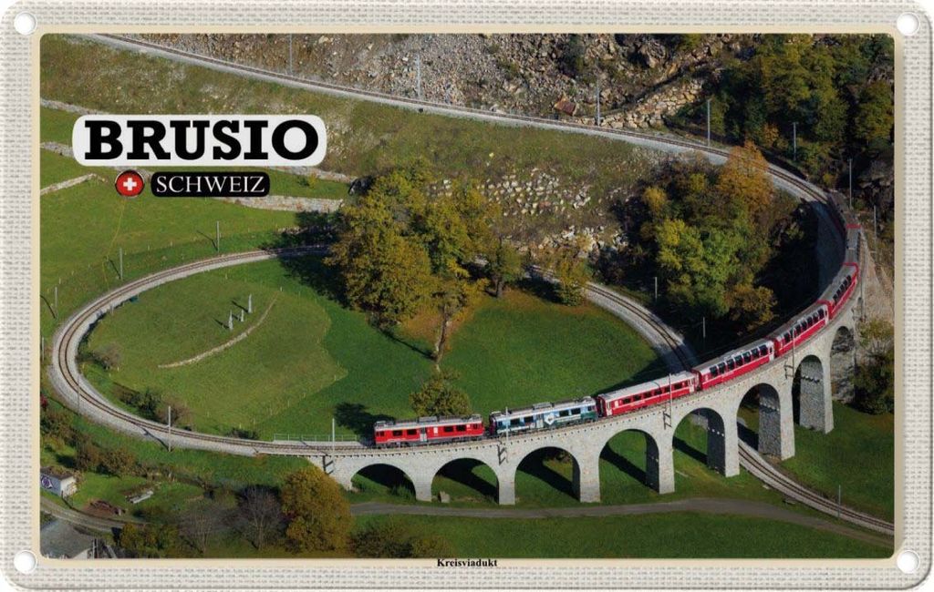 vianmo Blechschild 12x18 cm Brusio Schweiz Kreisviadukt Zug Bildmotiv Reisemotiv Abenteuer Reisen