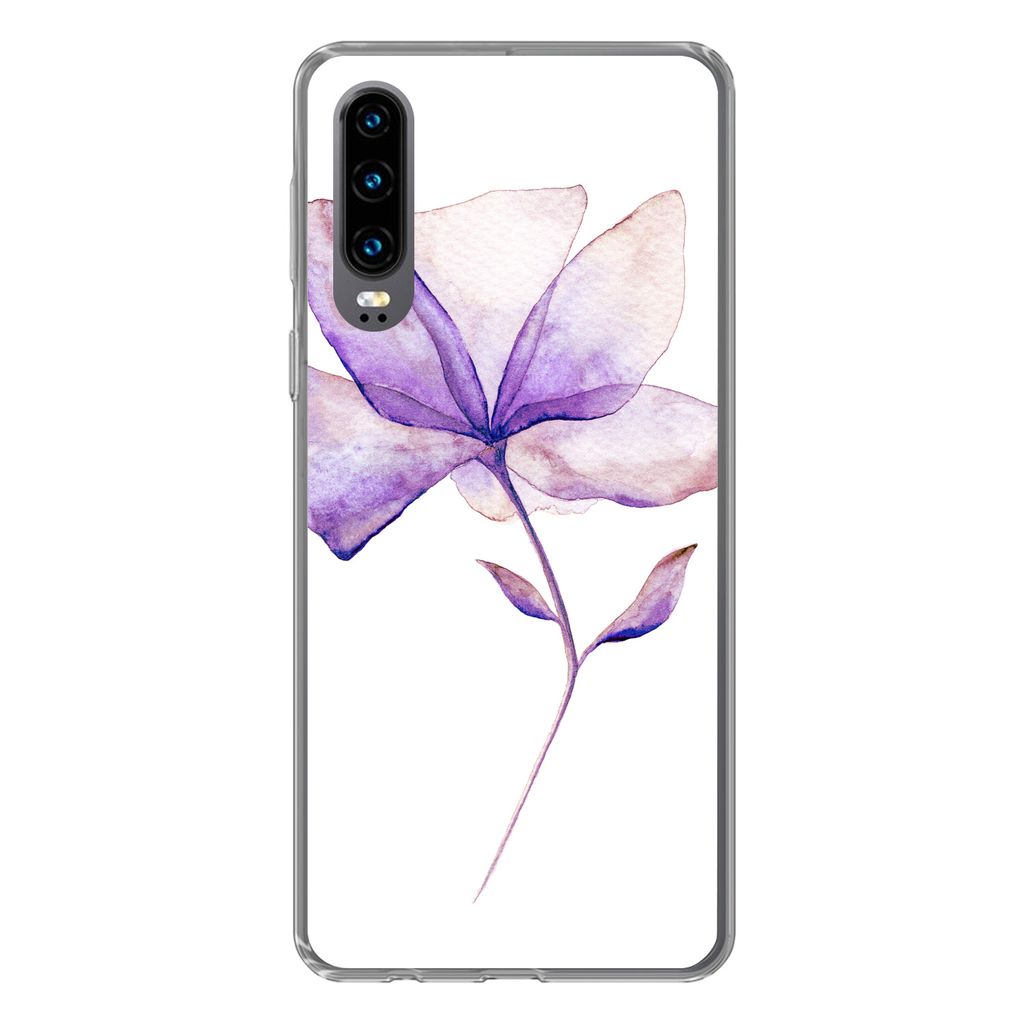 MuchoWow Handyhülle Schutzhülle Hülle für Huawei P30 Blumen - Aquarell - Lila Silikon Softcase Handy Hülle - Kartenbesitzer