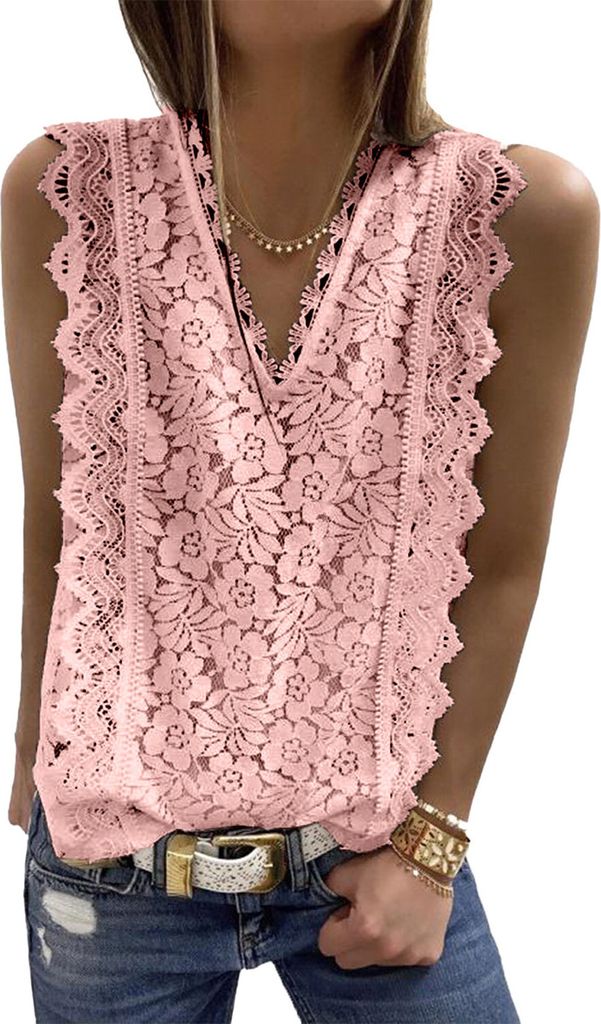 ASKSA Damen Ärmellos Bluse Spitze T-Shirt Elegant V-Ausschnitt Hemd Sommer Oberteile Tunika Blusen Tops , Rosa, S
