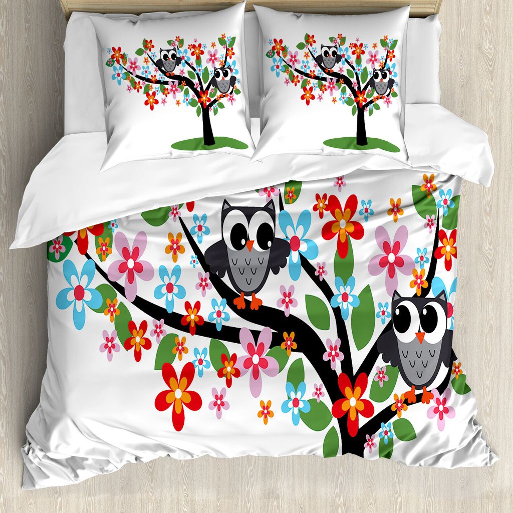 ABAKUHAUS Kindergarten Bettbezug, 2 Flirty Eulen auf Baum, Milbensicher Allergiker geeignet mit Kissenbezügen, 155 cm x 220 cm - 80 x 80 cm, Mehrf...