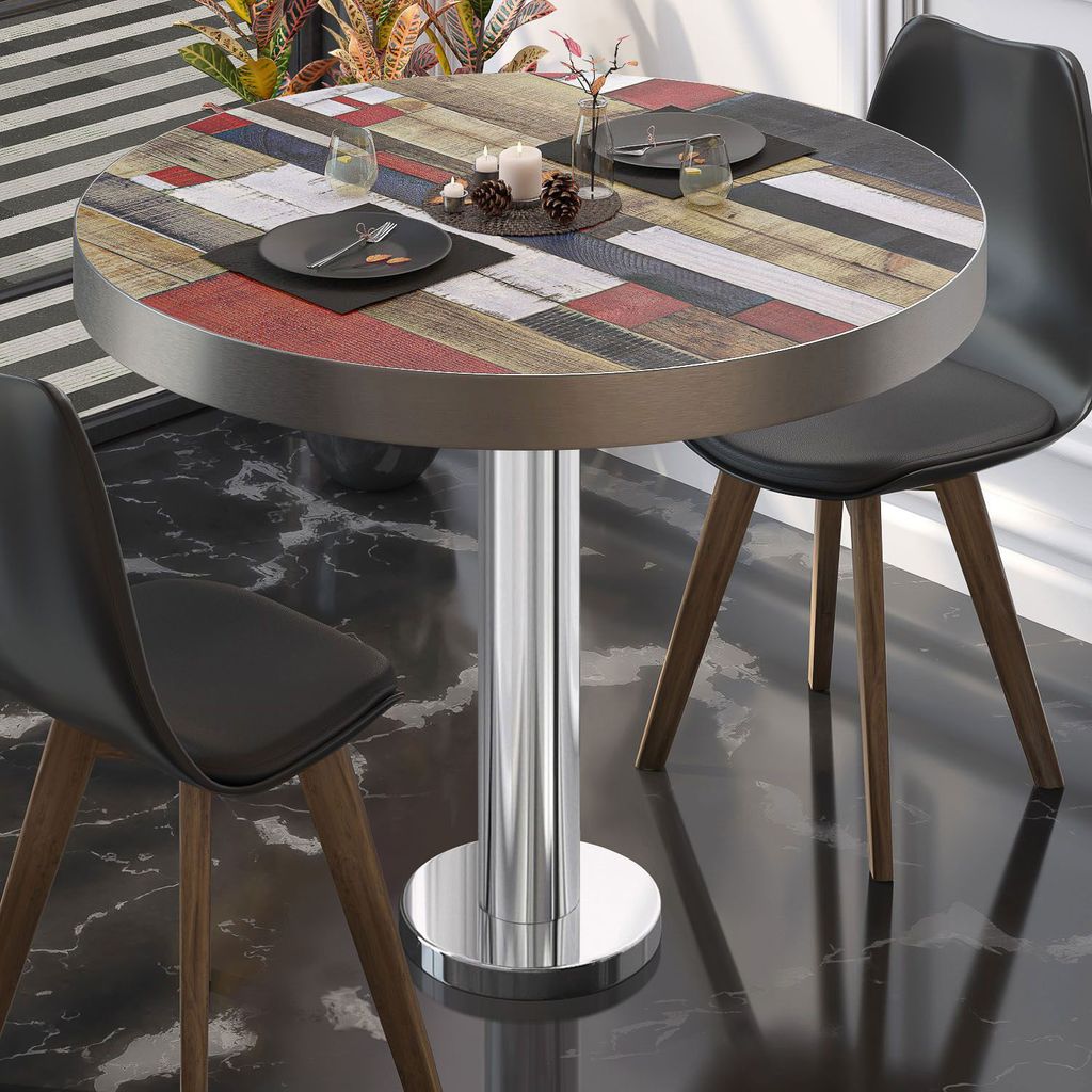 BML | Bistrotisch | Ø:H 70 x 77 cm | Vintage Bunt / Edelstahl | Rund | Edelstahl Rand | Bistrotisch Gastro Tisch