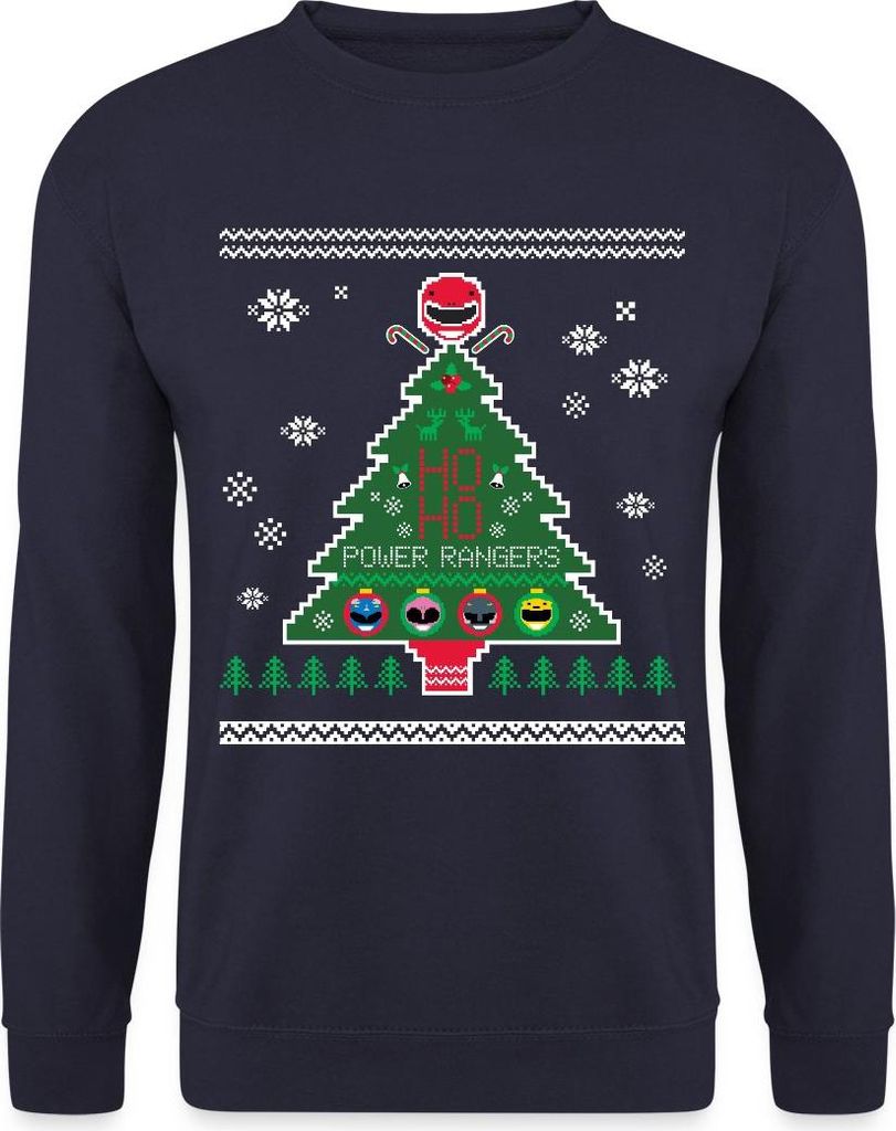Spreadshirt Power Rangers Ugly Christmas Weihnachtsbaum Uni Pullover, XL, Navy