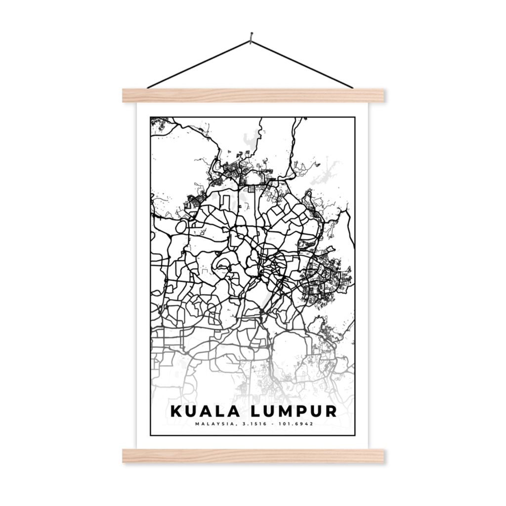MuchoWow Textilposter Kuala Lumpur - Karte - Stadtplan - Schwarz und weiß 60x90 cm mit holzfarbenen Rahmen - Textil