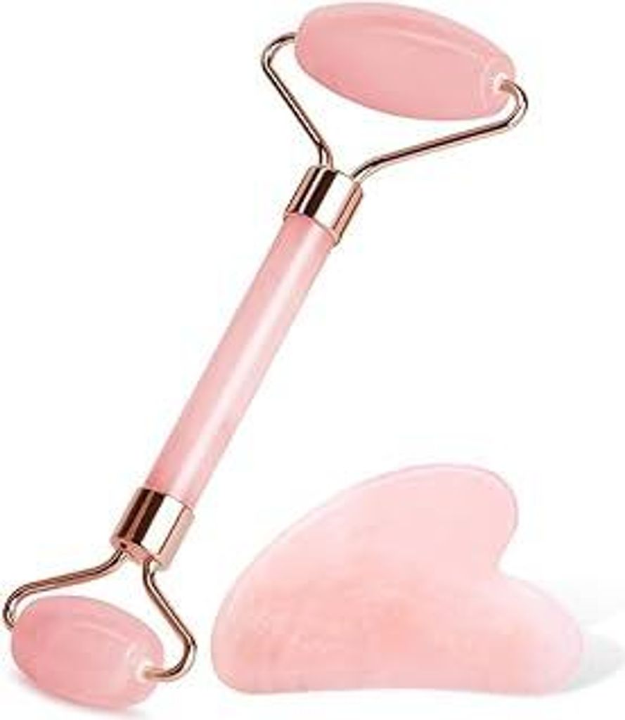 Zhenghebuy Jade Roller Set für Gesicht,Jade Gua Sha Stein und Gesichtsroller,Rosenquarz Gua Sha Stein Massageset,Natürlicher Gesichtsmassagegerä...