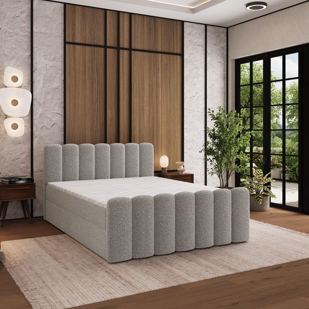 Masseno Boxspringbett CELLA 140x200 cm Komplett-Set mit Bonell Matratze und Topper, Polsterbett mit Bettkästen -Hellgrau, QUELLE 83