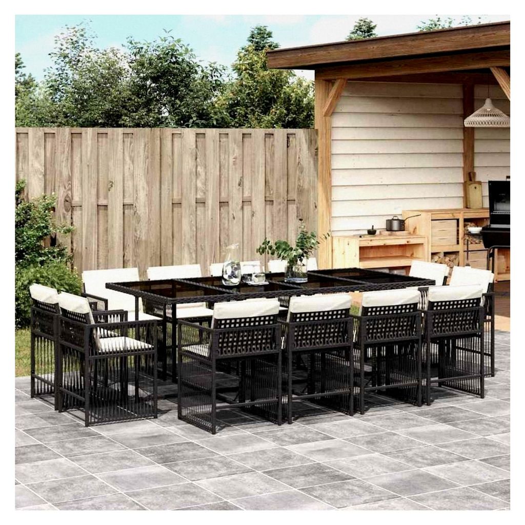 13-teiliges Garten-Essgruppen-Set Schwarz aus Poly Rattan, wetterfestes Outdoor-Möbelset mit Glasplatte, klappbaren Stühlen und cremefarbenen Kis...