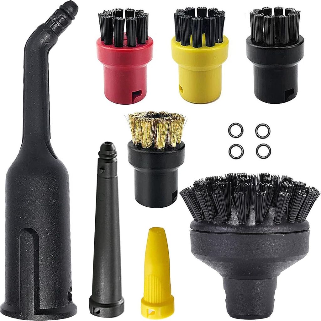 A collection of steam cleaner accessories, including various brushes and nozzles, arranged against a white background.
