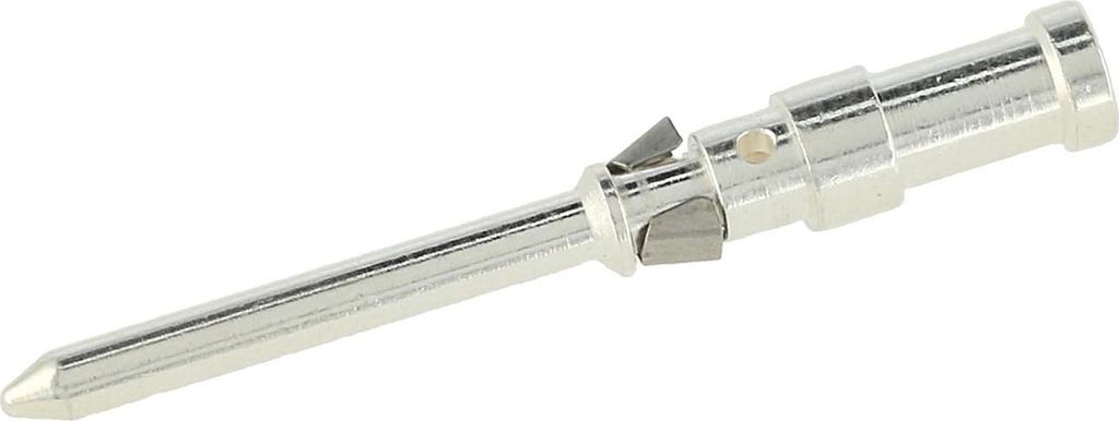 A close-up studio shot of a single metal electrical connector pin against a white background.