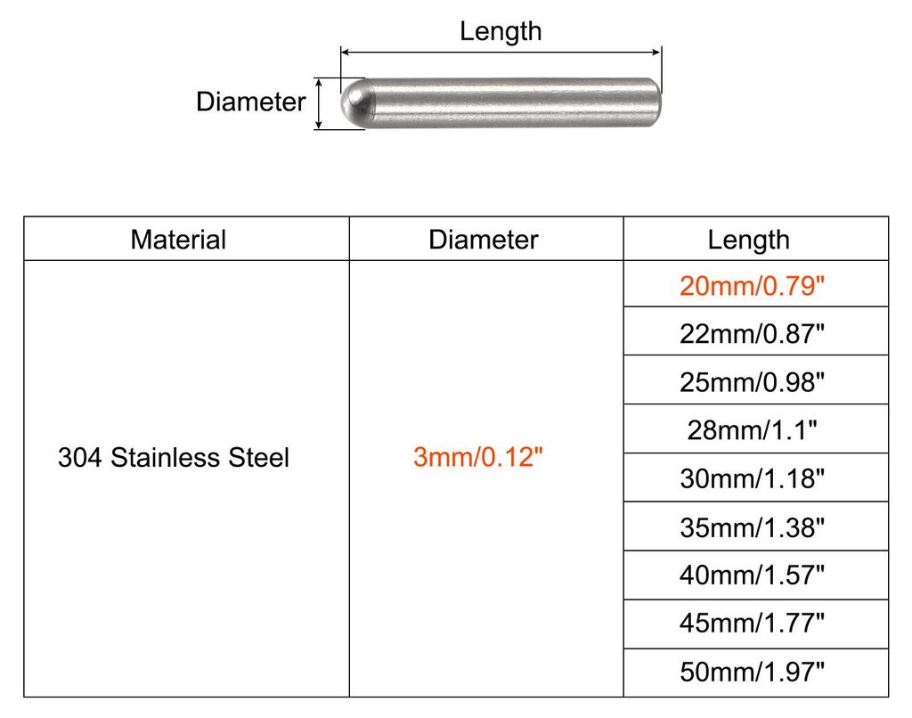 50 Stš¹ck Zylinderstifte 3x20mm Passstifte 304 Edelstahl Rundkopf Flachbefestigungselemente