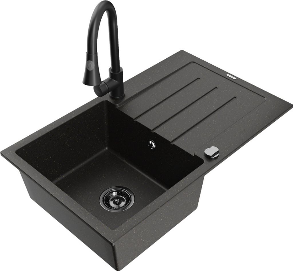 Mexen Bruno 1 Becken-Granitspüle mit Abtropffläche und Mischbatterie Elia, Schwarz/Gold metallisch - 6513-75-670101-70-B