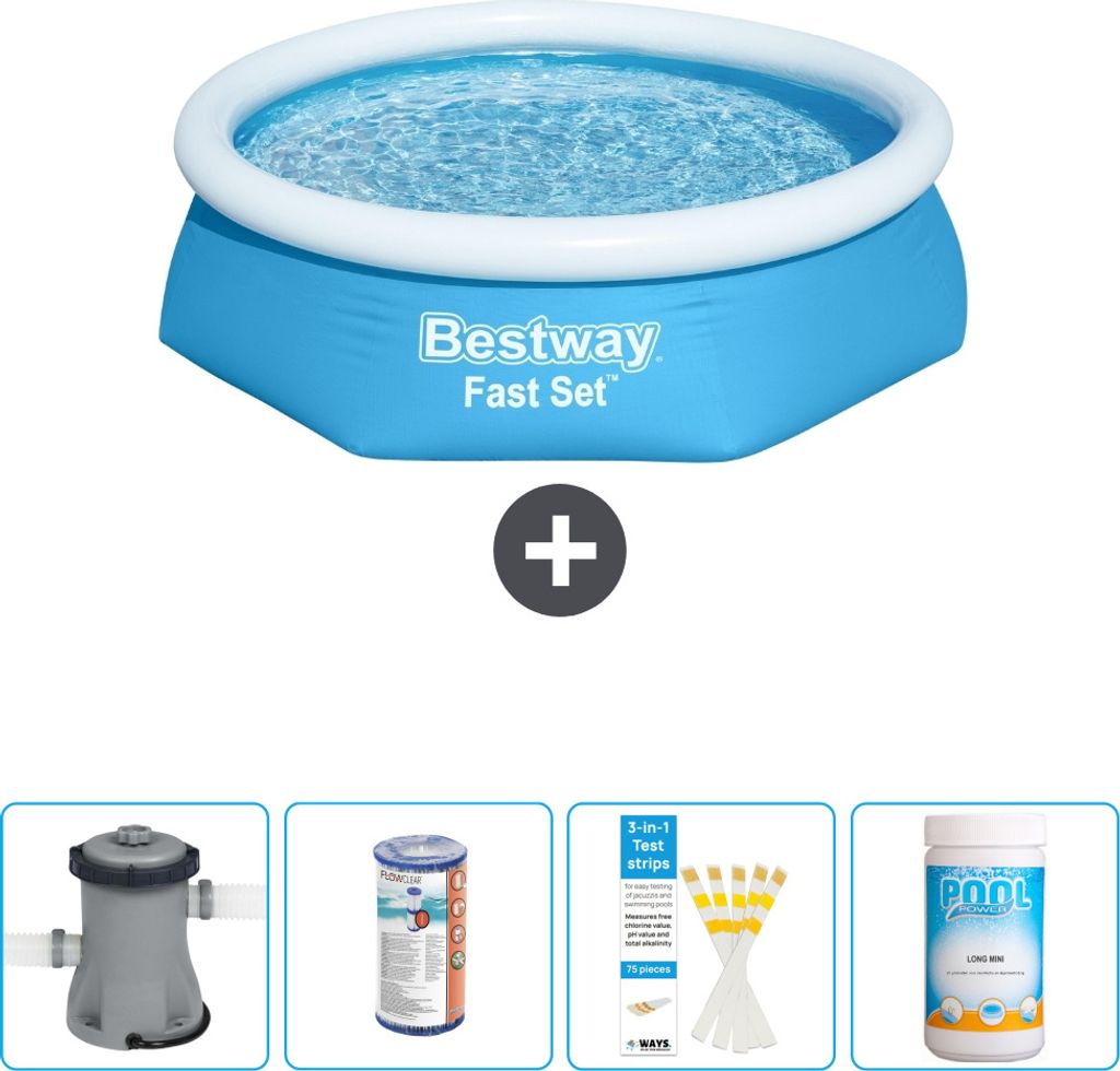 Bestway runder aufblasbarer Fast-Set-Schwimmpool – 244 x 61 cm – Blau – inklusive Pumpe Filter - Teststreifen - Chlor